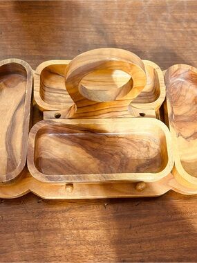 Handcarved Wooden Serving Tray Set - Natural Wood